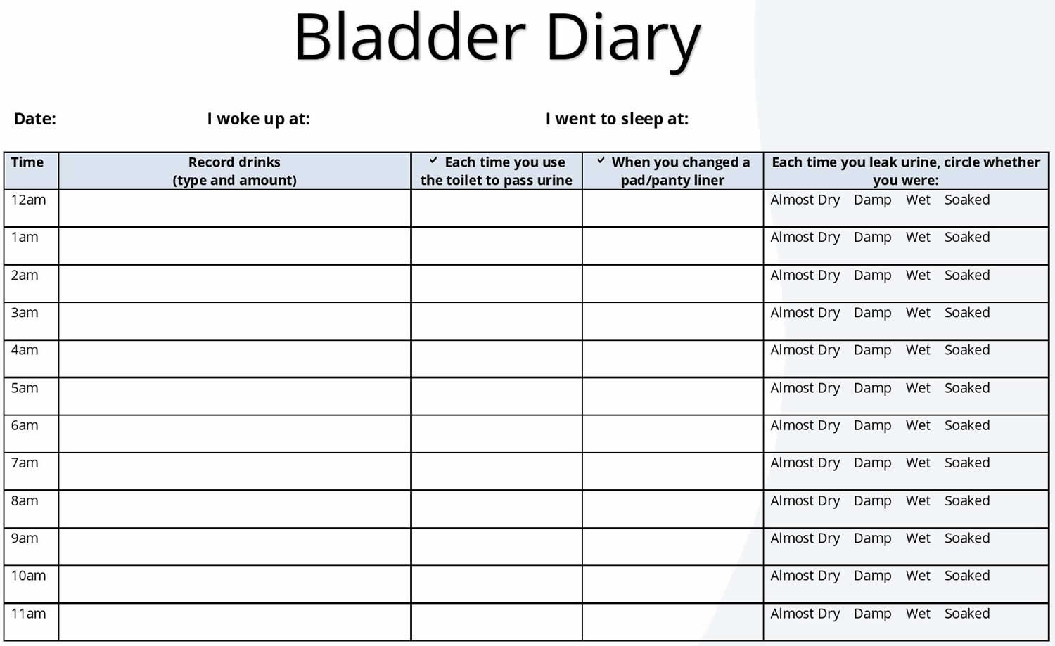 Simple Printable Bladder Diary - Printable World Holiday